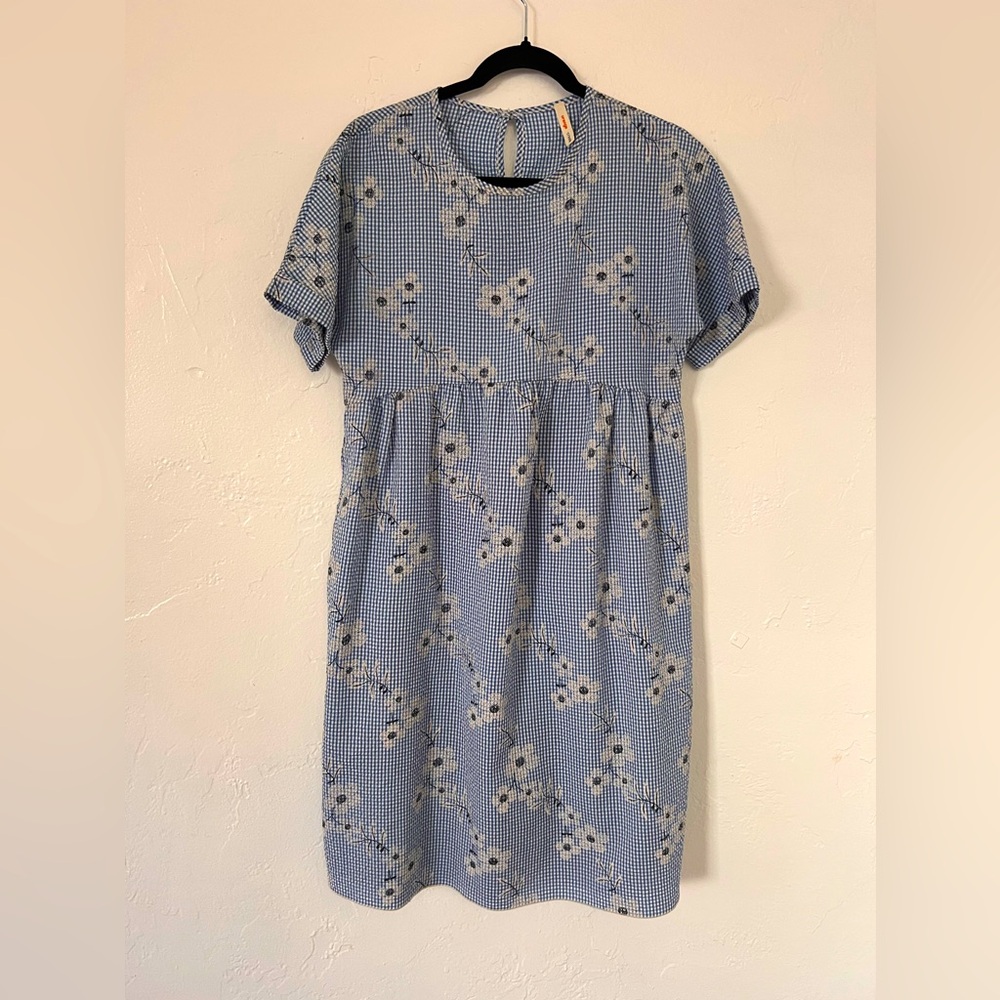 Blue and white checker dress with black floral